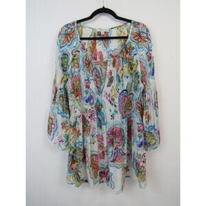 Spense 1X Semi Sheer White Blouse Multi Colored Floral Print Boho Flowy